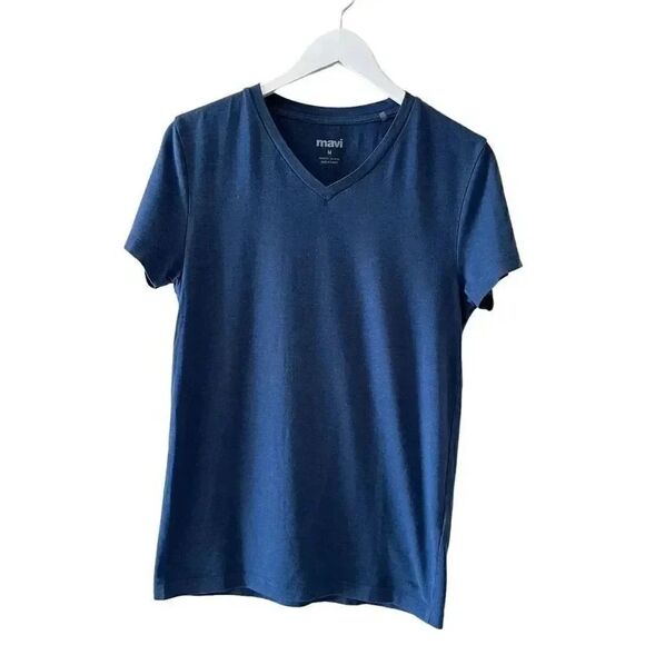 Mavi Navy V-Neck Cotton Blend Short Sleeves Basic Women’s T-Shirt SZ M # 1513 - Picture 1 of 12